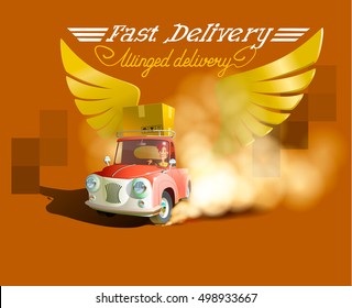 Delivery Concept, Express ,  man. Cartoon.  car. Gold wings