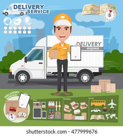 Delivery Concept. Fast delivery van. Delivery man. vector illustration eps10