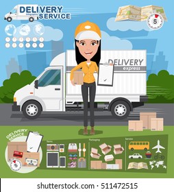 Delivery Concept. Fast delivery van. Delivery Woman. vector illustration eps10