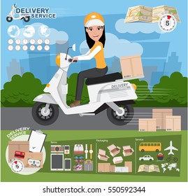 Delivery Concept. Fast delivery van. Delivery Woman. vector illustration eps10