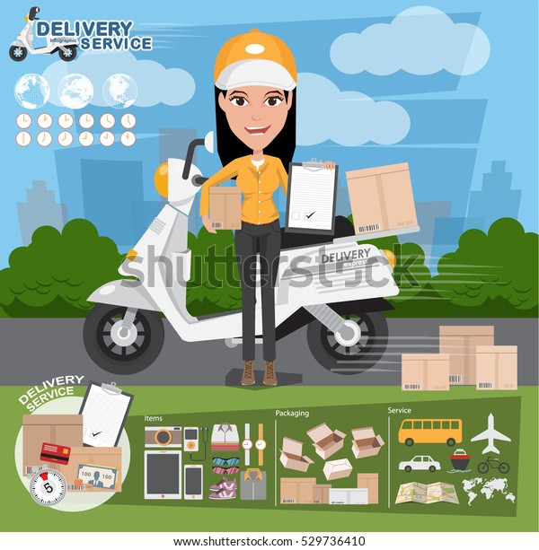 Delivery Concept. Fast delivery van. Delivery\
Woman. vector illustration\
eps10