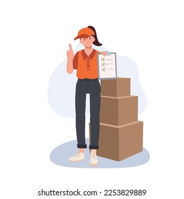 Delivery concept. Female delivery service with completed task clipboard is showing thumb up as good service. 