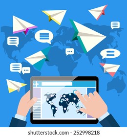 Delivery concept in flat cartoon design style. Bubble depicting world map with white striations plane. Hands holding smartphone and manage delivery of goods purchased in online store