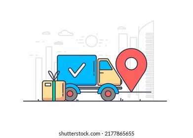 Delivery concept in flat outline design. Global shipping, import and export, postal service with online tracking. Vector illustration with colorful line web scene with truck for transporting parcels.