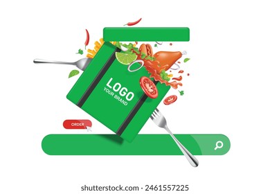 delivery concept ,food  floats out of square boxes or green bag of delivery rider. Below is search icon for people looking for food menus on web, vector 3d illustration isolated for advertising design