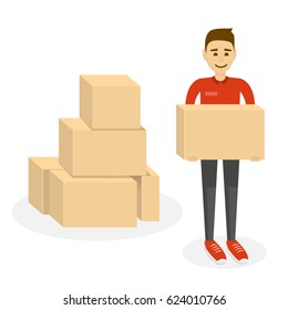 Delivery concept. Funny character man isolated on white with boxes.