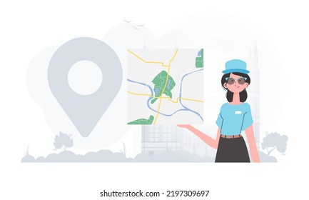 Delivery concept. The girl is holding a map. Cartoon style character is depicted to the waist. Vector.