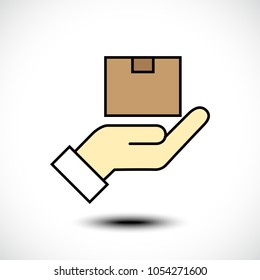 Delivery concept. Hand holding package. Flat style, Vector illustration