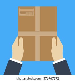 Delivery concept. Hand holding package. Flat style