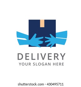 Delivery concept. Hand holding package. Flat style, Delivery logo.