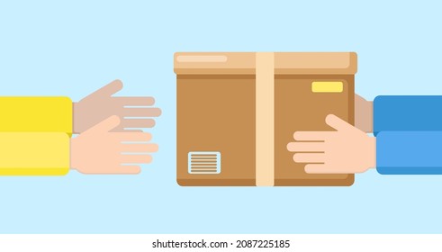 Delivery concept - handing over the box from hand to hand