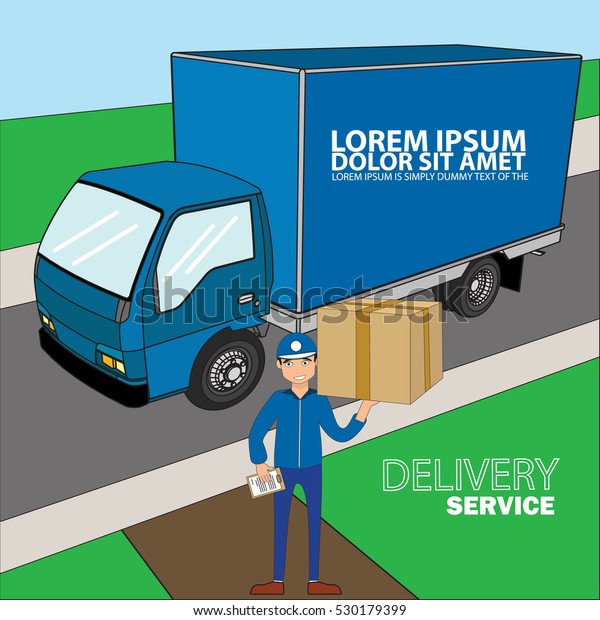 Delivery Concept to home. Fast\
delivery truck. Delivery man on street. Vector\
illustration