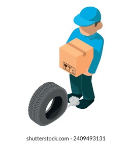 Delivery concept icon isometric vector. Male courier with box hand and car tire. Shipping service