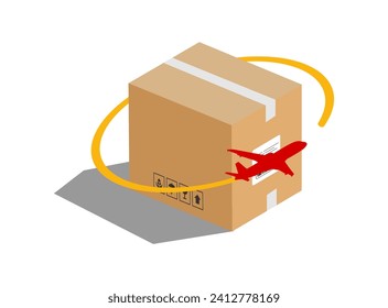 Icono de concepto de entrega. Cuadro de paquete con un icono de avión que rodea la ilustración de la caja aislada en fondo blanco.