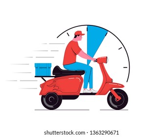 Delivery concept illustration. Courier on a scooter with a cargo isolated on a white background. Food service. Vector illustration