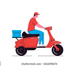 Delivery concept illustration. Courier on a scooter with a cargo isolated on a white background. Food service. Vector illustration