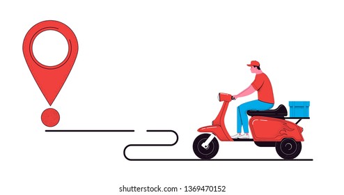 Delivery concept illustration. Courier with path line and point of delivery isolated on a white background. Food service. Vector illustration