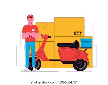 Delivery concept illustration. Courier and scooter with a cargo isolated on a white background. Food service. Vector illustration