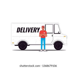 Delivery concept illustration. Courier and delivery truck isolated on a white background. Transportation service. Vector illustration