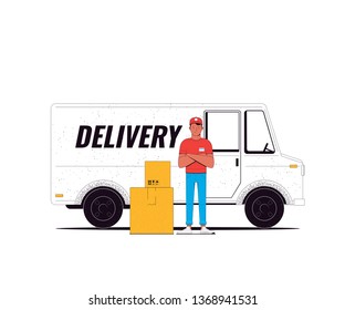 Delivery concept illustration. Courier and delivery truck isolated on a white background. Transportation service. Vector illustration