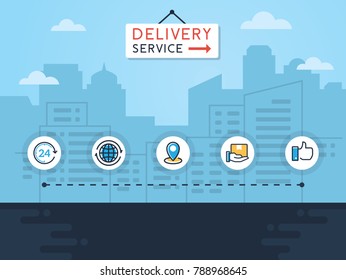 Ilustração do conceito de entrega. Conceito de serviço de entrega com ícones planos no fundo da cidade. Ilustração logística e vetorial de entrega