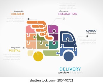 Delivery concept infographic template with truck made out of puzzle pieces