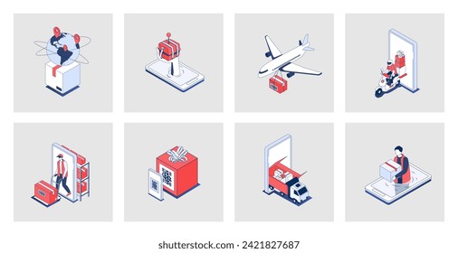 Delivery concept of isometric icons in 3d isometry design for web. Global logistic, truck transportation and air shipment, sending parcels with courier, post warehouse storage. Vector illustration