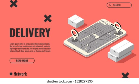 Delivery concept, isometric illustration, delivery app, smartphone and city map with location markers, the boxes with the cargo. Landing page template. Vector illustration