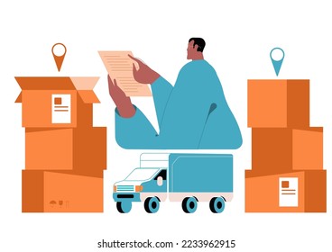 Delivery concept. Logistics, supply chain manager organize  transportation of goods, export and import by transport. Flat vector illustration isolated on white background