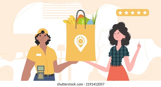 Delivery concept. A male courier holds a bag of food. Trendy flat style. Vector.
