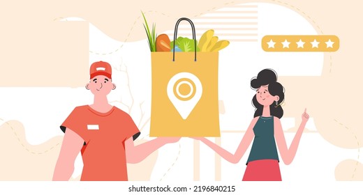 Delivery concept. A male courier holds a package with groceries. trendy style. Vector.