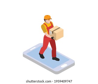 Concepto de entrega. Hombre entregando con una caja en sus manos en un teléfono inteligente. Concepto tridimensional. Concepto 
carácter de empleado y dispositivo de tecnología moderna para empresas. Ilustración vectorial.
