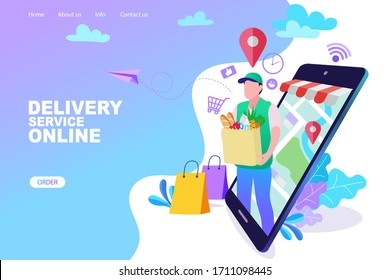 Delivery concept. Man Delivering Online with Grocery order from smart phone. Shopping on social networks through phone flat design style. Vector illustration.