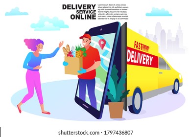 Delivery concept. Man Delivering Online with Grocery order from smart phone. Shopping on social networks through phone flat design style. Vector illustration.