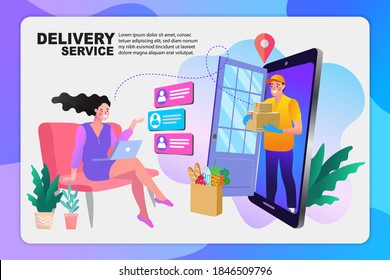 Delivery concept. Man Delivering Online with Grocery order from smart phone. Shopping on social networks through phone flat design style. Vector illustration.

