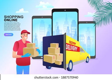 Delivery concept. Man Delivering Online with order from smart phone. Shopping on social networks through phone flat design style. Vector illustration. 