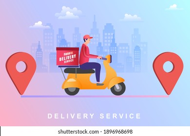 Delivery concept. Man Delivering Online with order from smart phone. Shopping on social networks through phone flat design style. Vector illustration.