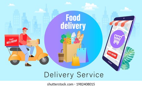 Delivery concept. Man Delivering Online with Grocery order from smart phone. Shopping on social networks through phone flat design style. Vector illustration.
