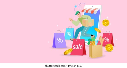 Delivery concept. Man Delivering Online with order from smart phone. Shopping on social networks through phone flat design style. Vector illustration.