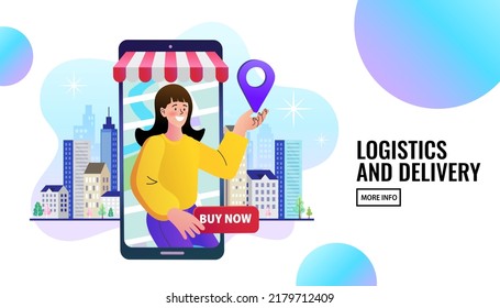 Delivery concept. Man Delivering Online with order from smart phone. Shopping on social networks through phone flat design style. Vector illustration.