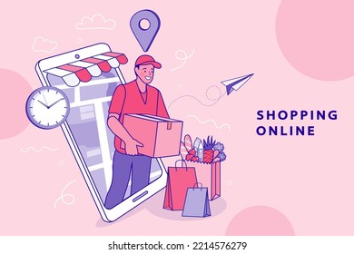 Delivery concept. Man Delivering Online with Grocery order from smart phone. Shopping on social networks through phone flat design style. Mobile marketing concept idea. Vector outline illustration.