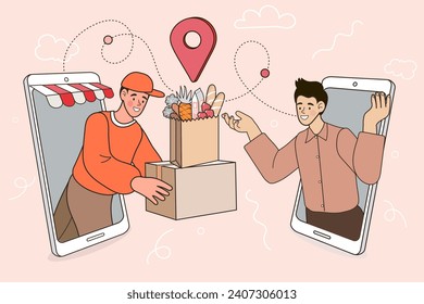 Delivery concept. Man Delivering Online with Grocery order from smart phone. Shopping on social networks through phone flat design style. Vector