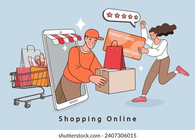 Delivery concept. Man Delivering Online with Grocery order from smart phone. Shopping on social networks through phone flat design style. Vector