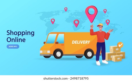 Delivery concept. Man Delivering Online with Grocery order from smart phone. Shopping on social networks through phone flat design style. marketing and e-commerce. Vector illustration.