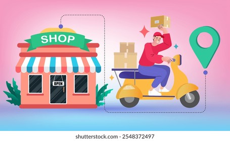 Delivery concept. Man Delivering Online with order from smart phone. Shopping on social networks through phone flat design style. Vector illustration.