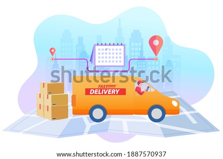Delivery concept. Man Delivering Online with order from smart phone. Shopping on social networks through phone flat design style. Vector illustration. 