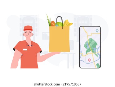 Lieferkonzept Ein Mann liefert ein Paket von Produkten. Trendy flach Stil. Vektorgrafik.