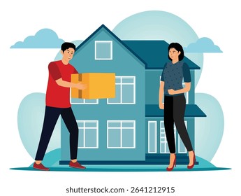 Delivery concept. A man handing a package to a woman in front of a family home. Represents delivery services, online shopping convenience, and residential interaction for modern lifestyles.