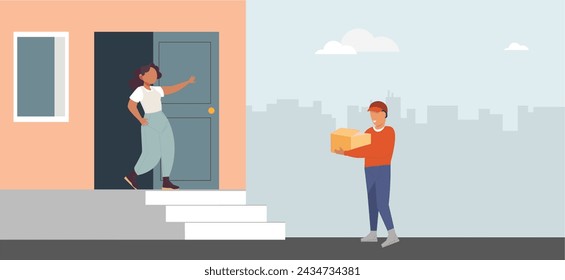 Delivery concept. Man with package came to woman, hostess meets courier. Modern service, comfort and convenience. Cartoon flat vector illustration