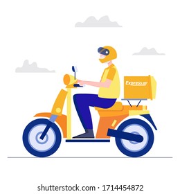  Concepto de entrega. El hombre en motocicleta ofrece servicio de carácter plano abstracto de personas vectoriales. Servicio digital de tecnología en línea.